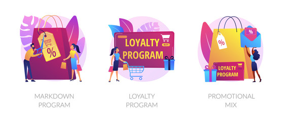 Shopping marketing campaign icons cartoon set. Store special offers advertisement. Markdown program, loyalty program, promotional mix metaphors. Vector isolated concept metaphor illustrations