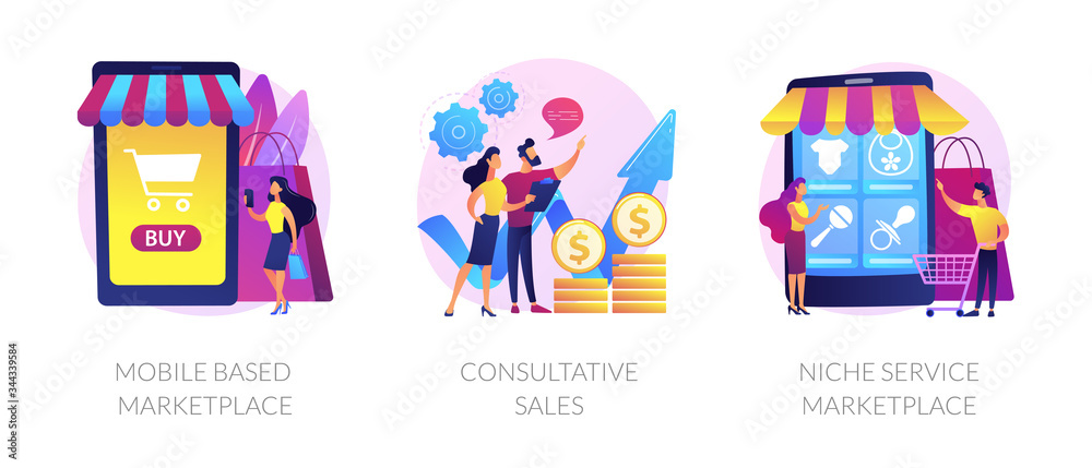 Wall mural retail business cartoon icons set. online shop smartphone app. mobile based marketplace, consultativ