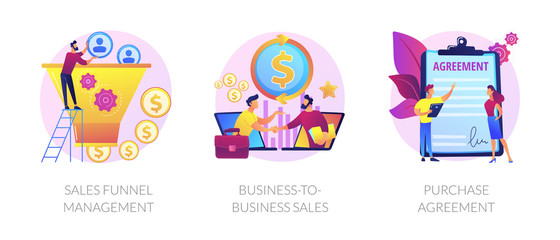 Fototapeta na wymiar Business partnership cartoon icons set. Lead generation. Sales funnel management, business-to-business sales, purchase agreement metaphors. Vector isolated concept metaphor illustrations