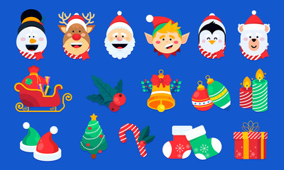 Fototapeta premium Cute Christmas characters and holiday elements set vector illustration