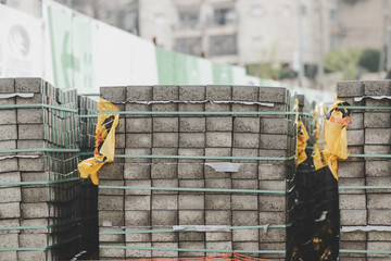 A pile of stones for the sidewalk, in the renovation of Jerusalem in the outline for the new light rail