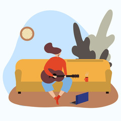 a young girl or woman playing the guitar on a sofa in the living room. Distance learning music lessons. Learning at home. Spend time at home. stylized illustration in cartoon flat style