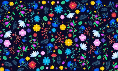 vector pattern with colorful flowers on black background