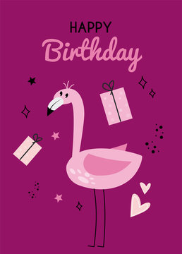 Illustration with flamingo and the inscription happy birhday on a pink background. Greeting card with flamingo, gift box and the inscription. Happy birthday greeting card with flamingos and gifts.