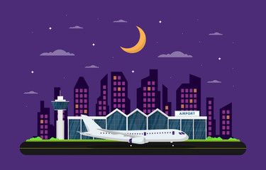 Fototapeta premium Aircraft Plane in Runway Airport Terminal Building Landscape Skyline Illustration