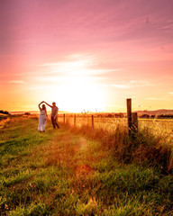 Couple Alone at Sunset Sunrise Forest Landscape Sun