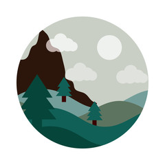 landscape nature mountains pine tree forest sun flat style icon