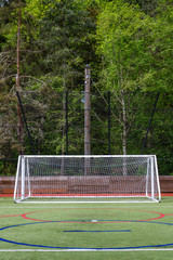 Local sports field with markings and field goal, synthetic grass
