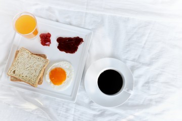 Top view of Breakfast set with many pleasures in the residence with selective focus on  and copy space ​for ​text​