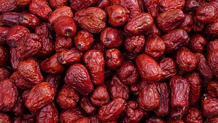 Full frame shot of dried Chinese red dates. Jujube food background