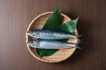 fresh raw sardine on japanese bamboo leef