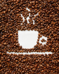 contour of a hot cup of coffee with a saucer of coffee beans.