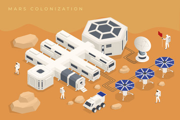Isometric Mars Colonization, Biological terraforming, Paraterraforming, Adapting humans on Mars. Astronautics, space technology. Communication Center with Residential Compartments, Base Infrastructure © Golden Sikorka