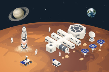 Isometric Mars Colonization, Biological terraforming, Paraterraforming, Adapting humans on Mars. Astronautics, space technology. Communication Center with Residential Compartments, Base Infrastructure © Golden Sikorka