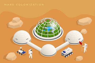 Isometric Mars Colonization, Biological terraforming, Paraterraforming, Adapting humans on Mars. Astronautics, space technology. Communication Center with Residential Compartments, Base Infrastructure © Golden Sikorka