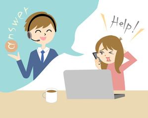 パソコン操作の問い合わせ（女性客と男性オペレーター）