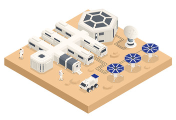 Isometric Mars Colonization, Biological terraforming, Paraterraforming, Adapting humans on Mars. Astronautics, space technology. Communication Center with Residential Compartments, Base Infrastructure © Golden Sikorka