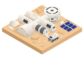 Isometric Mars Colonization, Biological terraforming, Paraterraforming, Adapting humans on Mars. Astronautics, space technology. Communication Center with Residential Compartments, Base Infrastructure © Golden Sikorka