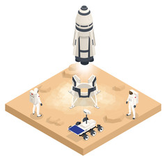 Isometric rocket take-off or landing on Mars. Mars Colonization, Biological terraforming, Paraterraforming, Adapting humans on Mars. Astronautics and space technology. © Golden Sikorka
