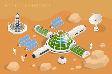 Isometric Mars Colonization, Biological terraforming, Paraterraforming, Adapting humans on Mars. Astronautics and space technology. Geo capsyles. © Golden Sikorka