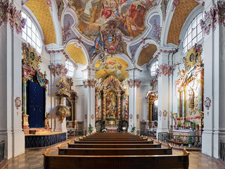 Munich, Germany. Interior of abbey church of St. Anna im Lehel. The church was built in 1727-1733 by Johann Michael Fischer. Interior was completed in 1737 by Asam brothers and Johann Baptist Straub.