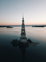 bell tower in Kalyazin. Tver region. Russia. Aerial photography