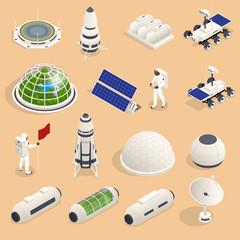 Isometric set of icons Space Equipment and Vehicles of space exploration with rockets artificial satellites, planets with Astronauts, isolated. © Golden Sikorka