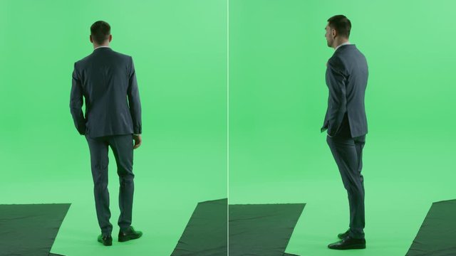 2-in-1 Split Green Screen Collage: Handsome Businessman Standing, Waiting for the Meeting or a Date to Show up, Checking Time. Multiple Angle Value Pack: Semi-Back Views. Chroma Key Background Montage
