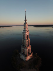 bell tower in Kalyazin. Tver region. Russia. Aerial photography