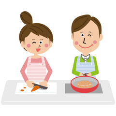 ポップな男女　二人でお料理
