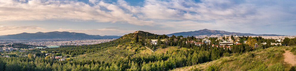 Panoramic view of the Filothei Hill and grove at Galatsi Municipality, Athens, Greece.