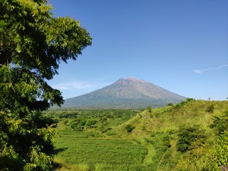 Mount Agung in Bali. Tulamben, Bali, Indonesia. Sunny day in the tropical island. 