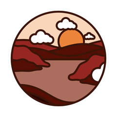 landscape nature sunset hills river countryside line and fill icon