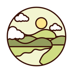 landscape nature sun river mountains line and fill icon