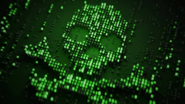 Skull shape of glowing green pixels