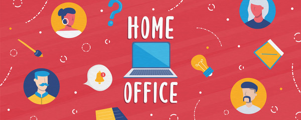 Home office banner of diverse online work team