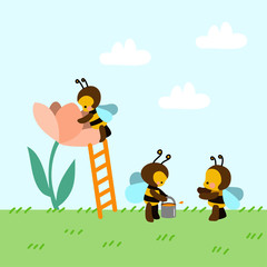 Cute working bees carry honey bucket illustration