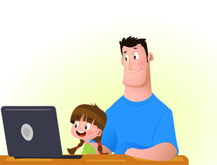 Young girl with father on the computer
