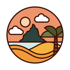 landscape nature tropical sea palm sunset mountain line and fill icon