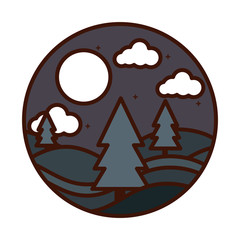 landscape nature night moon stars sky pine trees line and fill icon