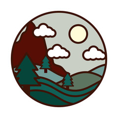 landscape nature mountains pine tree forest sun line and fill icon