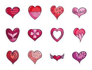 cute hearts icon set, line color style