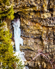 A small frozen waterfall near Spahats Falls in Wells Gray Provincial Park near the town of Clearwater, British Columbia, Canada