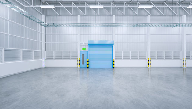 Factory or warehouse or industrial building. Protection with roller door or roller shutter. Modern interior design with concrete floor, steel wall and empty space for industry background. 3d render.