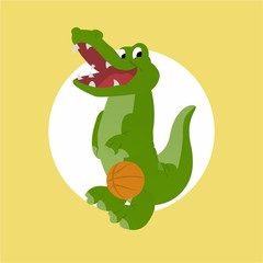 Illustration of Crocodile Playing Basketball While Smiling Cartoon, Cute Funny Character, Flat Design