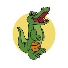 Illustration of Crocodile Playing Basketball While Smiling Cartoon, Cute Funny Character, Flat Design
