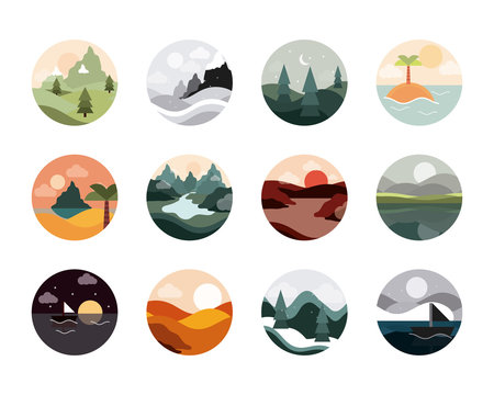 landscape nature mountains ocean and forest in circle icons set flat style icon