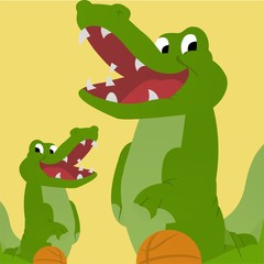 Illustration of Crocodile Playing Basketball While Smiling Cartoon, Cute Funny Character, Flat Design