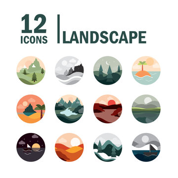 landscape nature mountains ocean and forest in circle icons set flat style icon