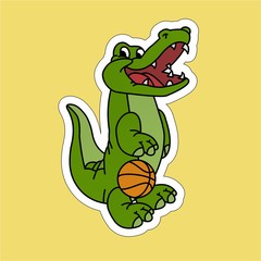 Sticker of Crocodile Playing Basketball While Smiling Cartoon, Cute Funny Character, Flat Design